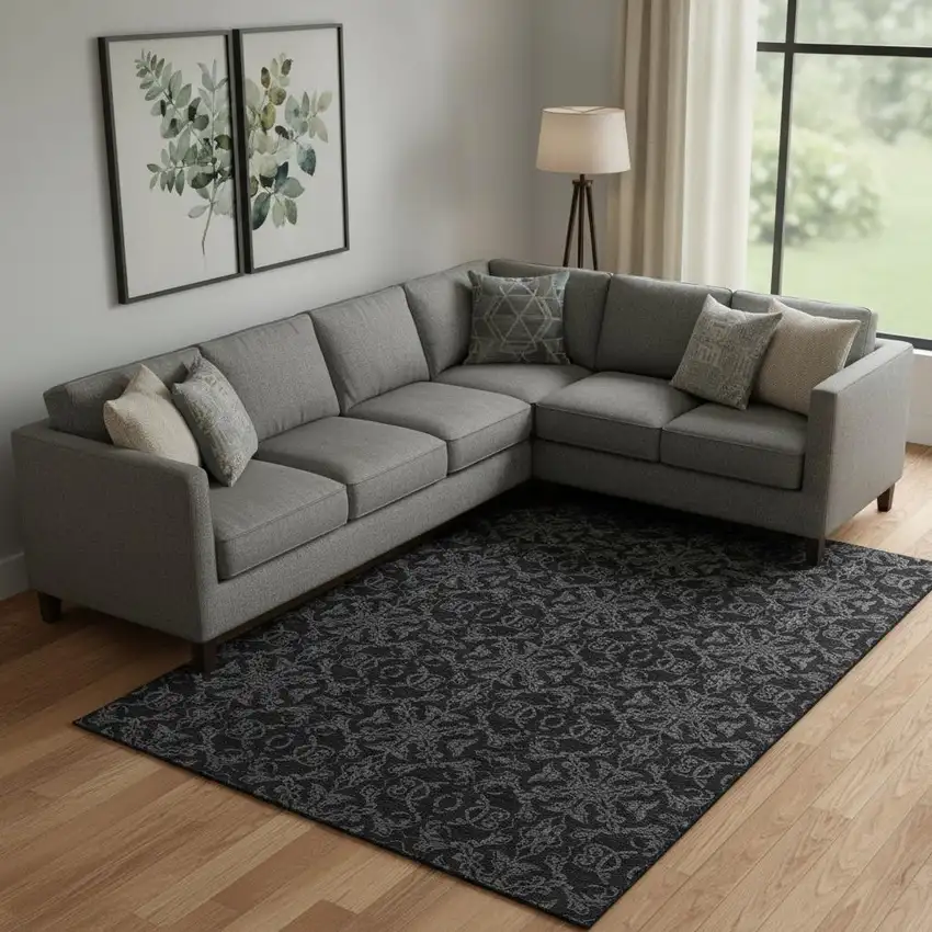 Gray And Charcoal Medallion Washable Area Rug With UV Protection Photo 1