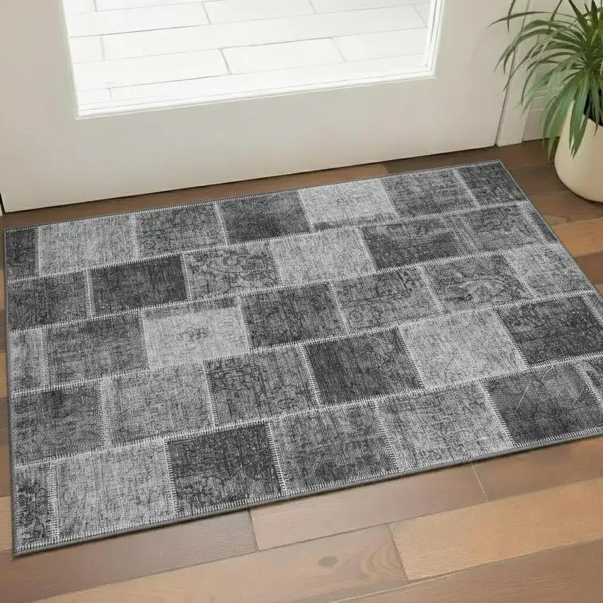 Gray And Charcoal Patchwork Washable Area Rug With UV Protection Photo 1