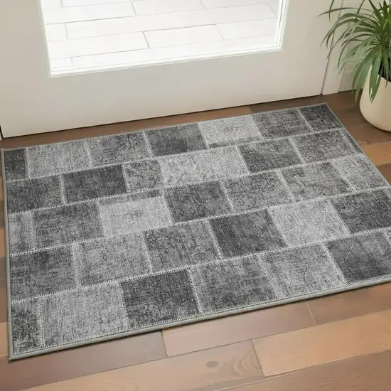 Gray And Charcoal Patchwork Washable Area Rug With UV Protection Photo 2