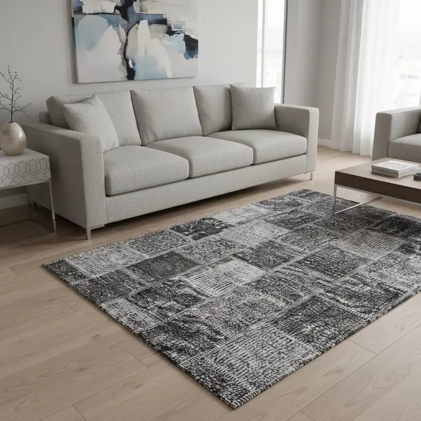 Gray And Charcoal Patchwork Washable Area Rug With UV Protection Photo 2