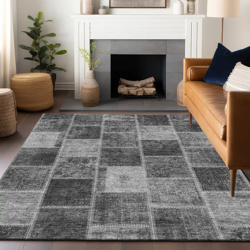 Gray And Charcoal Patchwork Washable Area Rug With UV Protection Photo 6