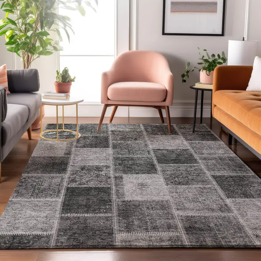 Gray And Charcoal Patchwork Washable Area Rug With UV Protection Photo 5