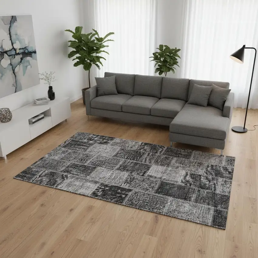 Gray And Charcoal Patchwork Washable Area Rug With UV Protection Photo 2