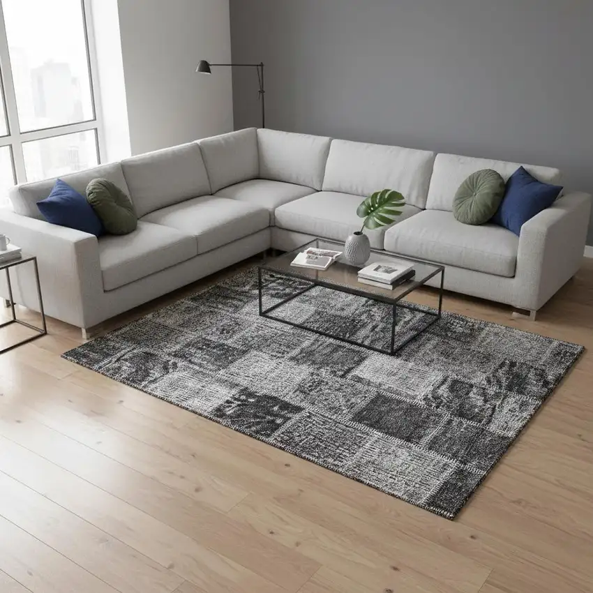 Gray And Charcoal Patchwork Washable Area Rug With UV Protection Photo 2