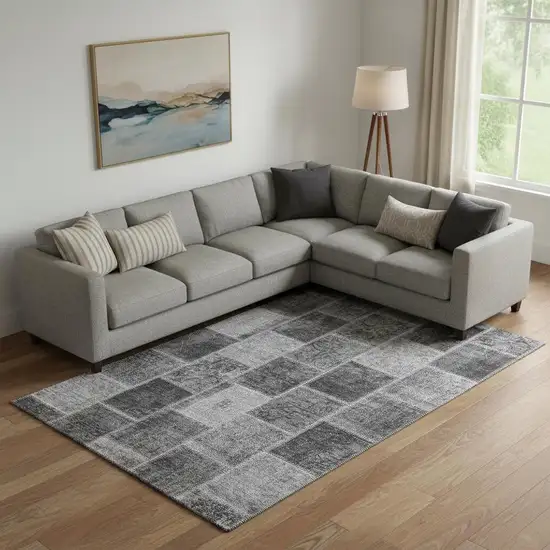 Gray And Charcoal Patchwork Washable Area Rug With UV Protection Photo 1