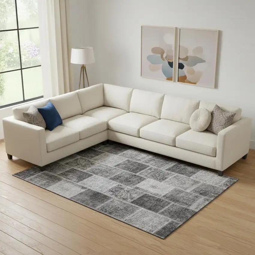 Gray And Charcoal Patchwork Washable Area Rug With UV Protection Photo 1