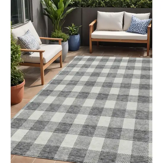 Gray And Charcoal Plaid Washable Indoor Outdoor Area Rug Photo 1