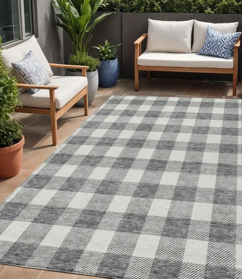Gray And Charcoal Plaid Washable Indoor Outdoor Area Rug Photo 1