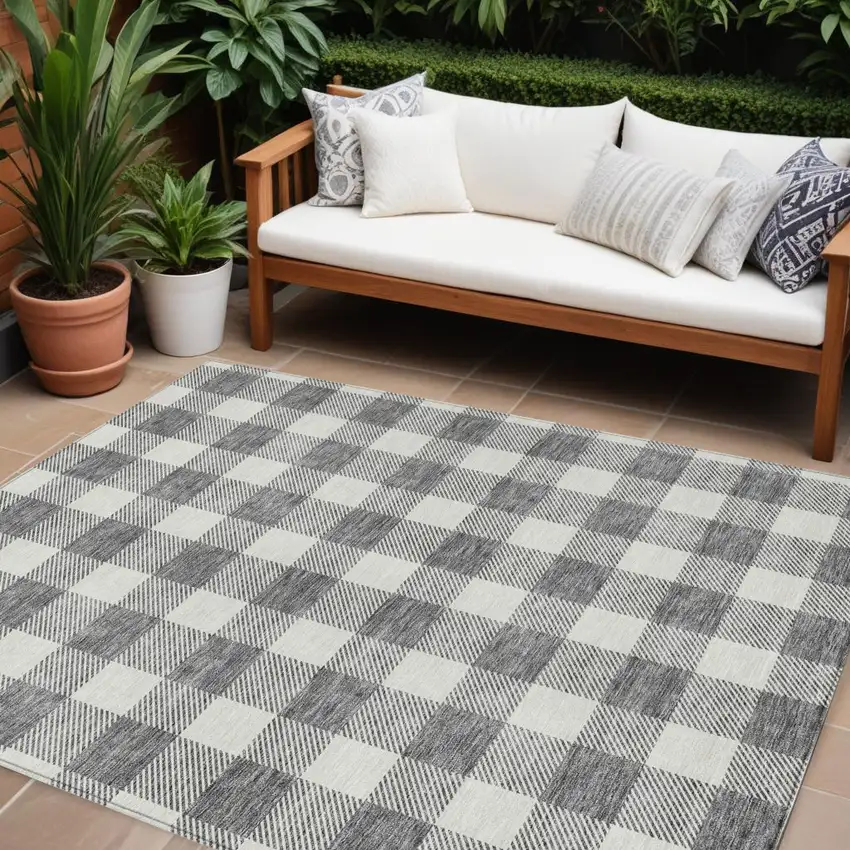 Gray And Charcoal Plaid Washable Indoor Outdoor Area Rug Photo 1