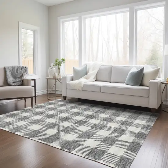 Gray And Charcoal Plaid Washable Indoor Outdoor Area Rug Photo 9