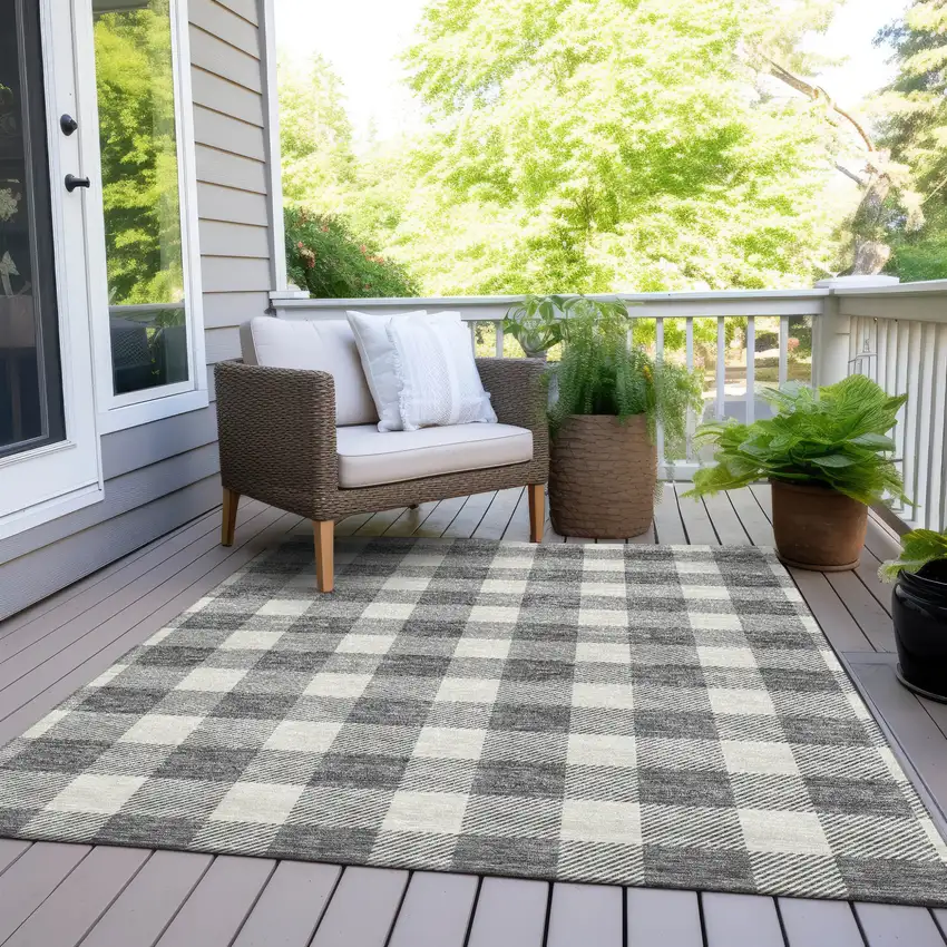 Gray And Charcoal Plaid Washable Indoor Outdoor Area Rug Photo 8