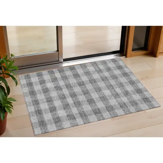 Gray And Charcoal Plaid Washable Indoor Outdoor Area Rug Photo 1