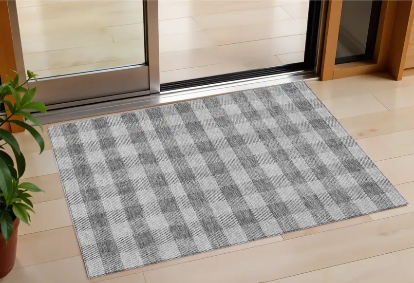 Gray And Charcoal Plaid Washable Indoor Outdoor Area Rug Photo 1