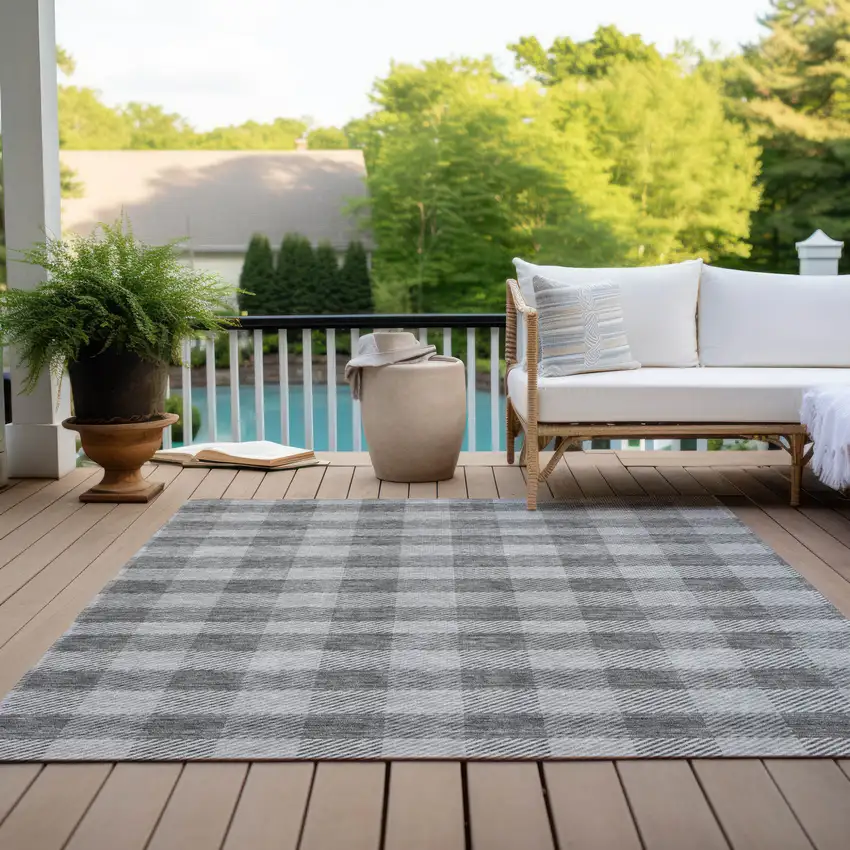 Gray And Charcoal Plaid Washable Indoor Outdoor Area Rug Photo 9
