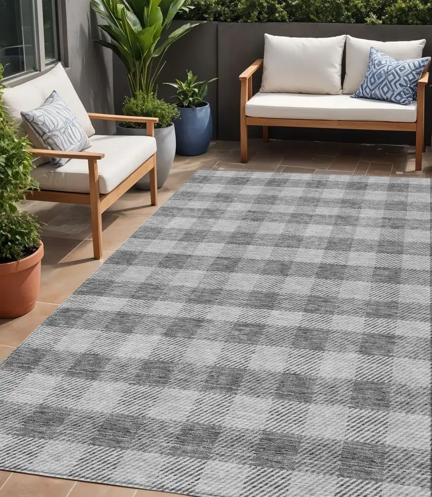 Gray And Charcoal Plaid Washable Indoor Outdoor Area Rug Photo 1
