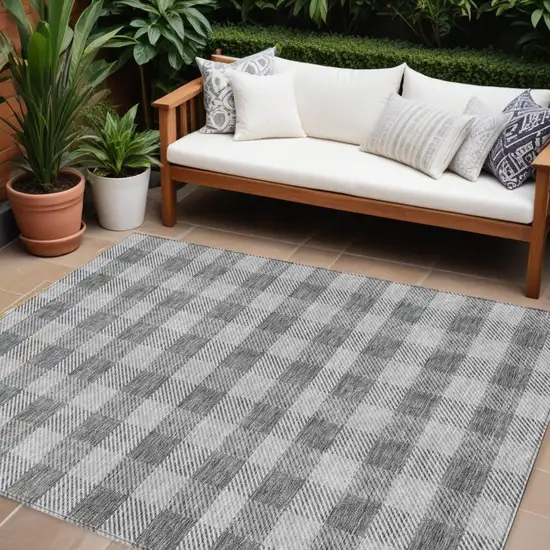 Gray And Charcoal Plaid Washable Indoor Outdoor Area Rug Photo 1