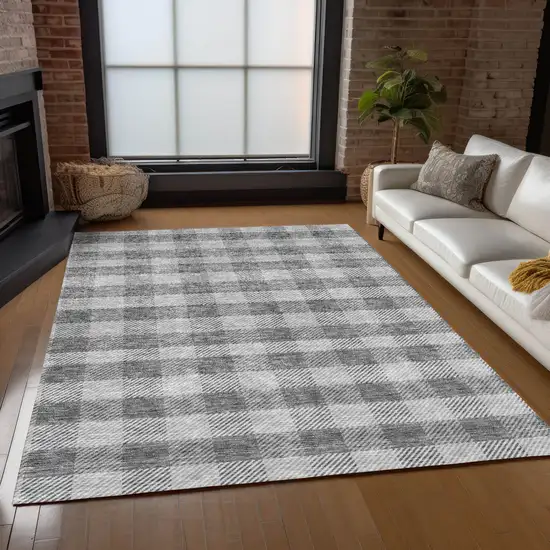 Gray And Charcoal Plaid Washable Indoor Outdoor Area Rug Photo 9