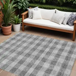 Photo of Gray And Charcoal Plaid Washable Indoor Outdoor Area Rug
