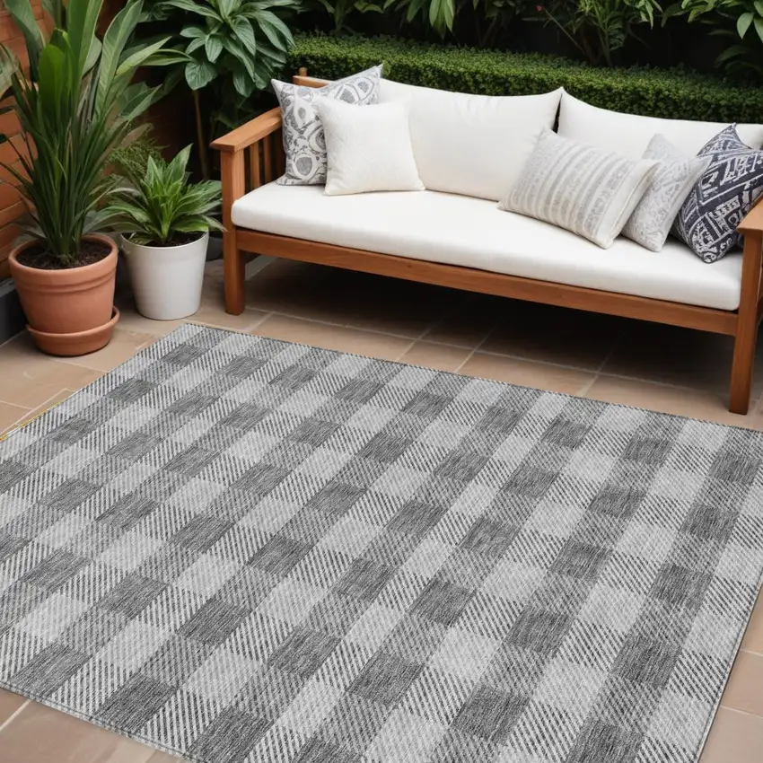 Gray And Charcoal Plaid Washable Indoor Outdoor Area Rug Photo 1