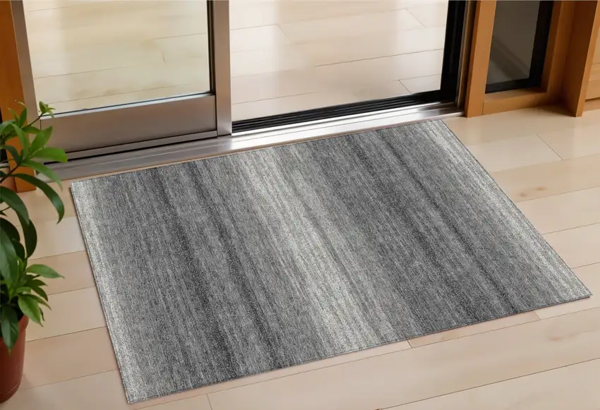 Gray And Charcoal Striped Washable Indoor Outdoor Area Rug Photo 1