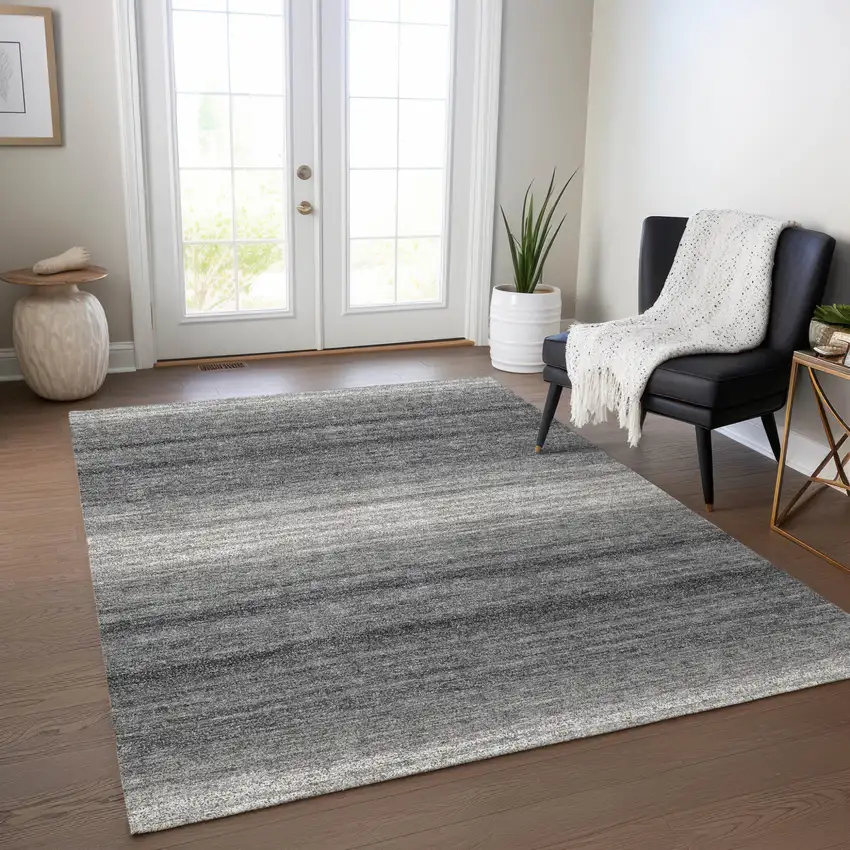 Gray And Charcoal Striped Washable Indoor Outdoor Area Rug Photo 9