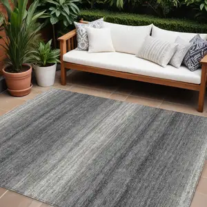 Photo of Gray And Charcoal Striped Washable Indoor Outdoor Area Rug