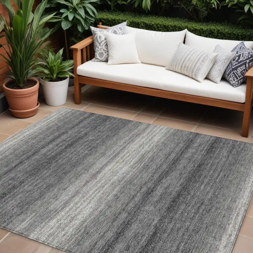 Gray And Charcoal Striped Washable Indoor Outdoor Area Rug Photo 1