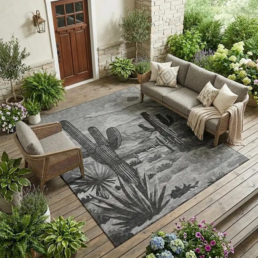 Gray And Charcoal Trees Washable Indoor Outdoor Area Rug Photo 1