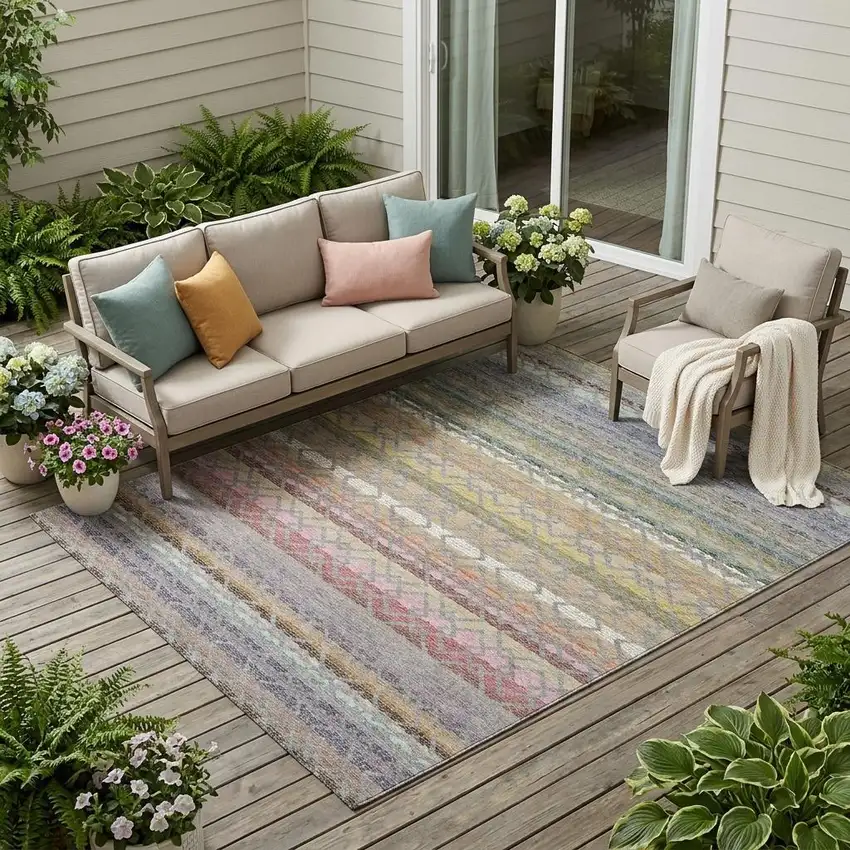 Gray And Chocolate Striped Washable Indoor Outdoor Area Rug Photo 1