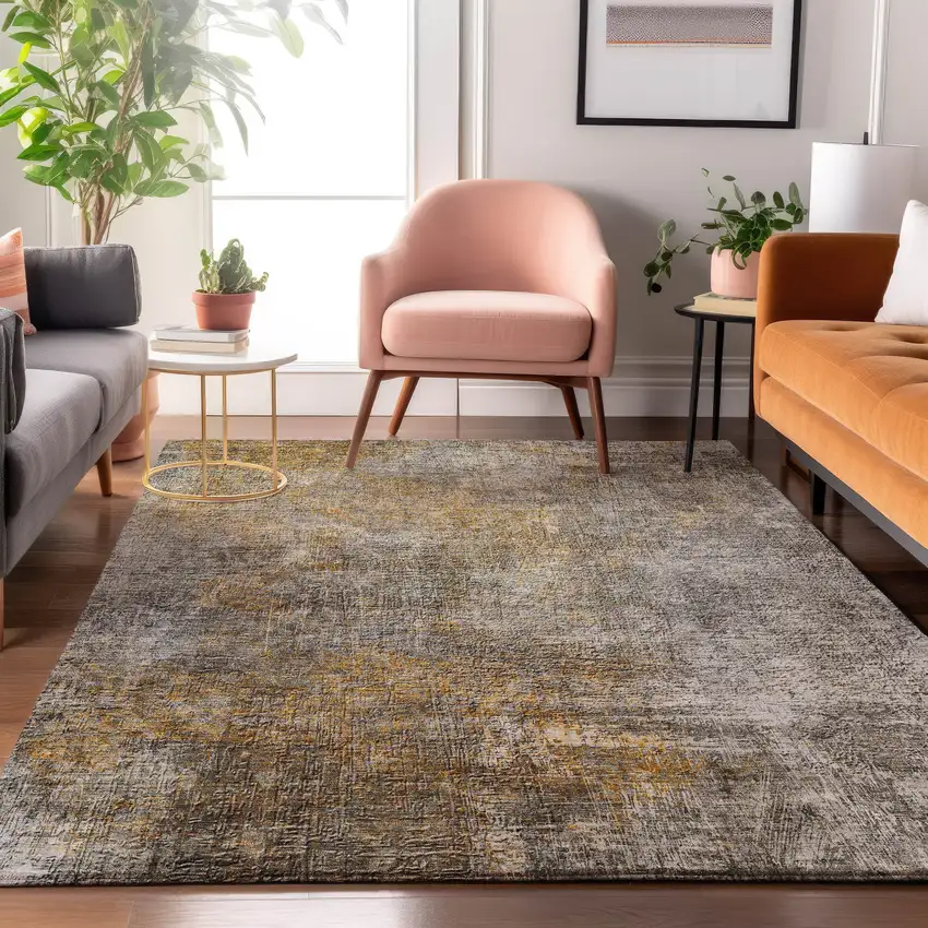 Gray And Copper Abstract Washable Area Rug With UV Protection Photo 4