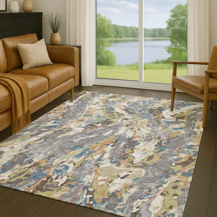 Gray And Copper Abstract Washable Indoor Outdoor Area Rug Photo 5