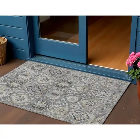 Gray And Copper Floral Medallion Washable Indoor Outdoor Area Rug Photo 2