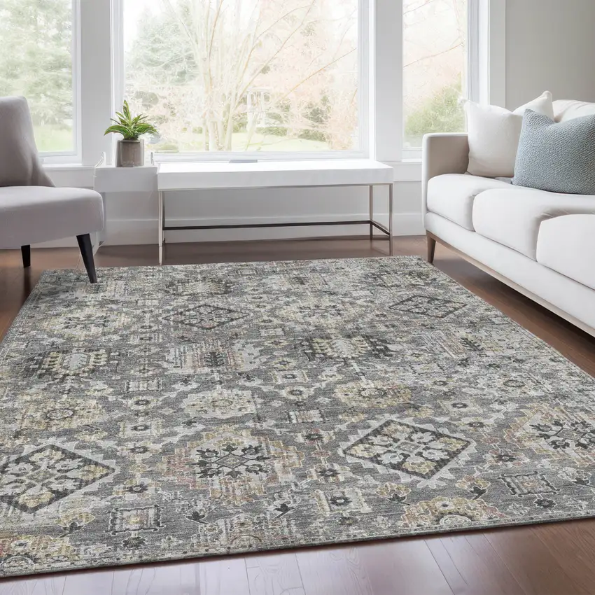 Gray And Copper Floral Medallion Washable Indoor Outdoor Area Rug Photo 7