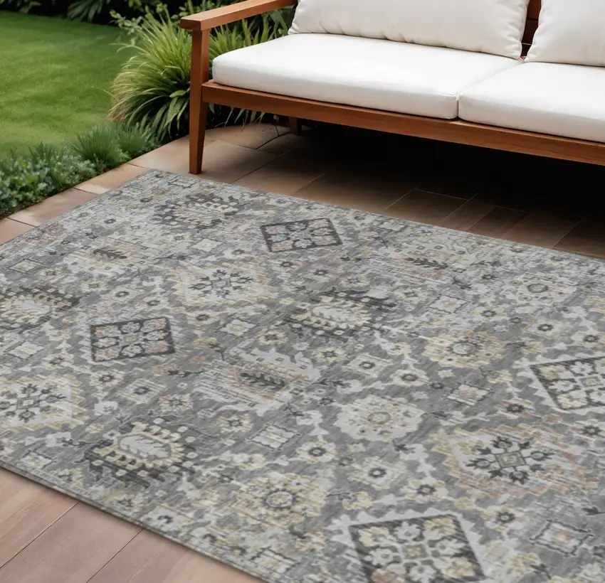 Gray And Copper Floral Medallion Washable Indoor Outdoor Area Rug Photo 2