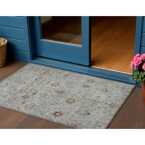 Gray And Copper Floral Washable Indoor Outdoor Area Rug Photo 2