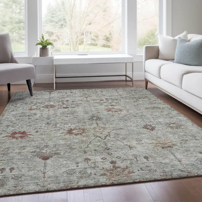 Gray And Copper Floral Washable Indoor Outdoor Area Rug Photo 7