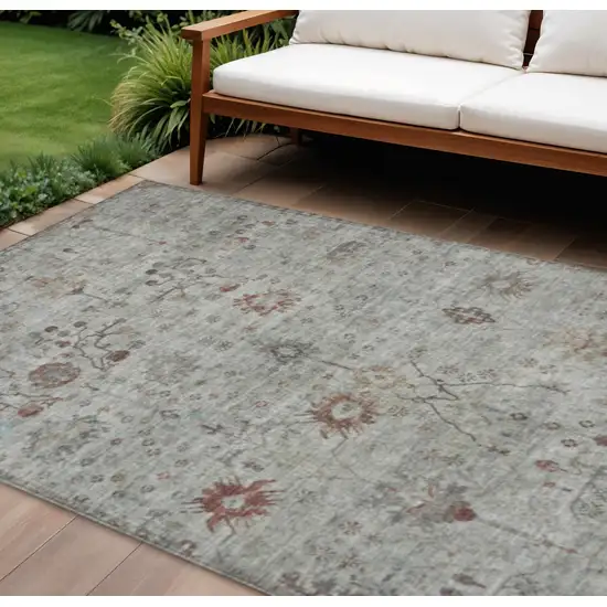 Gray And Copper Floral Washable Indoor Outdoor Area Rug Photo 1