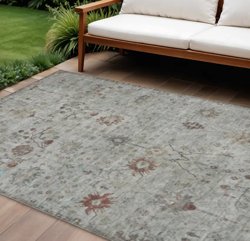 Gray And Copper Floral Washable Indoor Outdoor Area Rug Photo 1