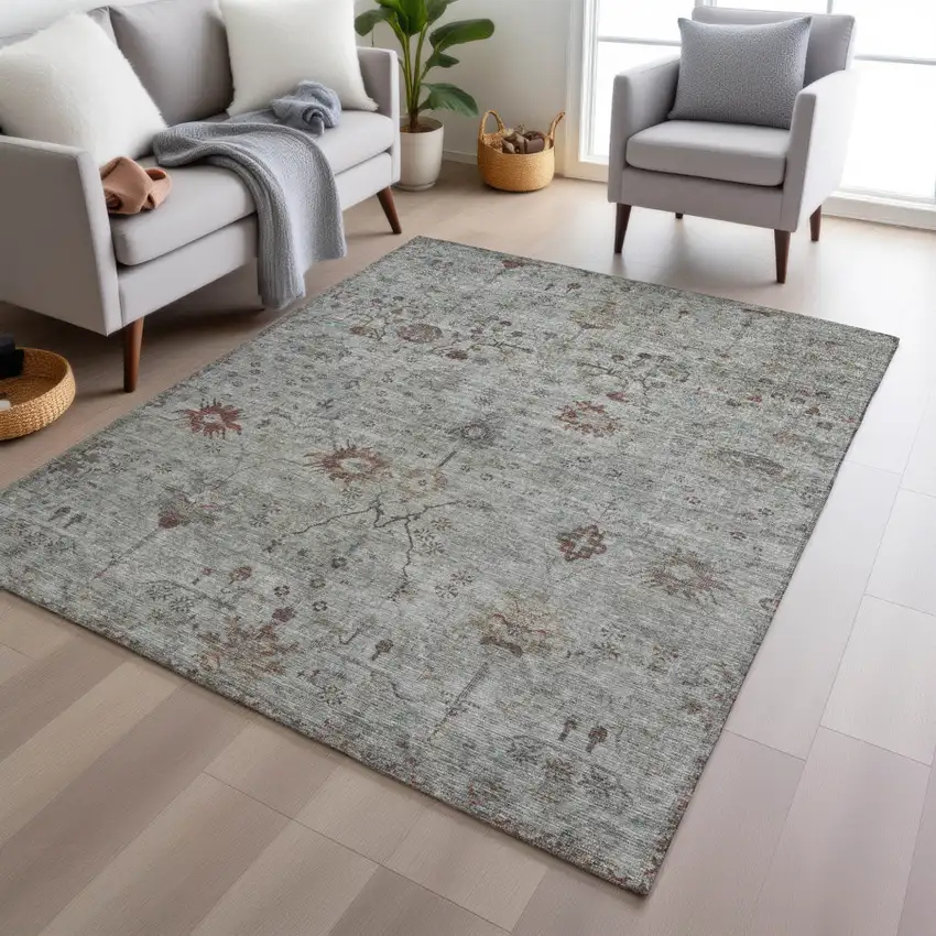 Gray And Copper Floral Washable Indoor Outdoor Area Rug Photo 6