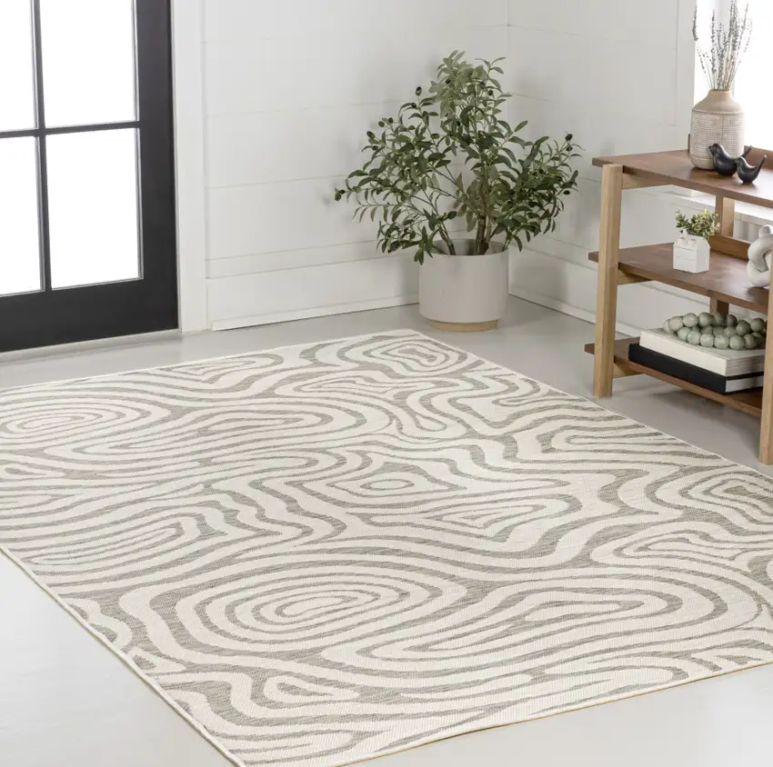Gray And Cream Abstract Washable Indoor Outdoor Area Rug Photo 8