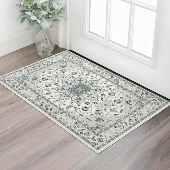 Gray And Cream Floral Area Rug Photo 1