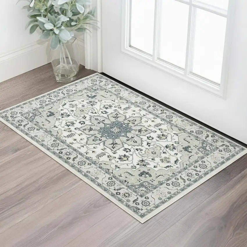 Gray And Cream Floral Area Rug Photo 1