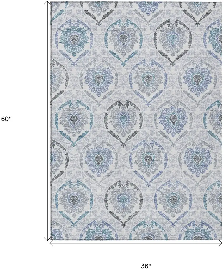 Gray And Denim Blue Medallion Washable Indoor Outdoor Area Rug Photo 3