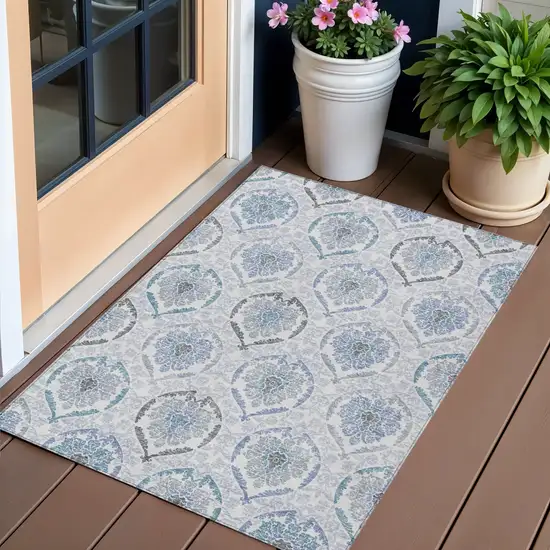 Gray And Denim Blue Medallion Washable Indoor Outdoor Area Rug Photo 1