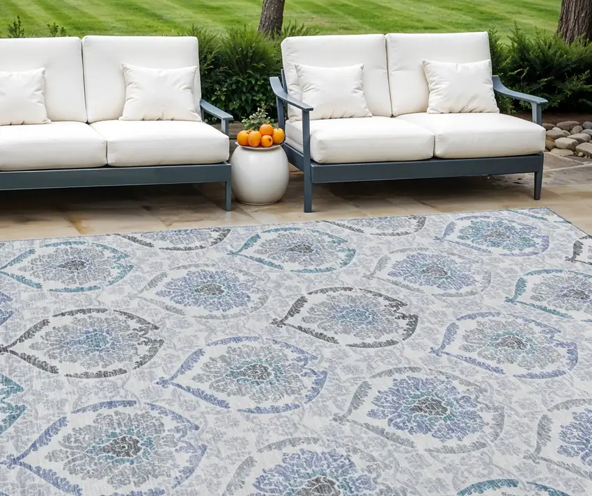 Gray And Denim Blue Medallion Washable Indoor Outdoor Area Rug Photo 1