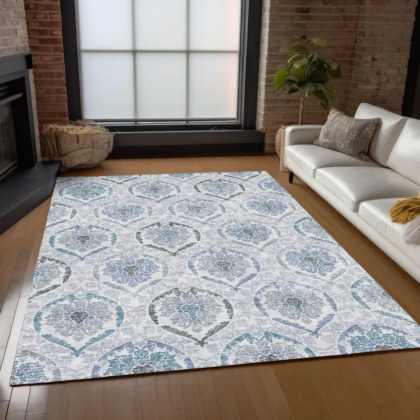 Gray And Denim Blue Medallion Washable Indoor Outdoor Area Rug Photo 9