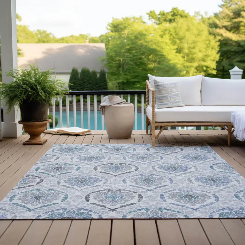 Gray And Denim Blue Medallion Washable Indoor Outdoor Area Rug Photo 9