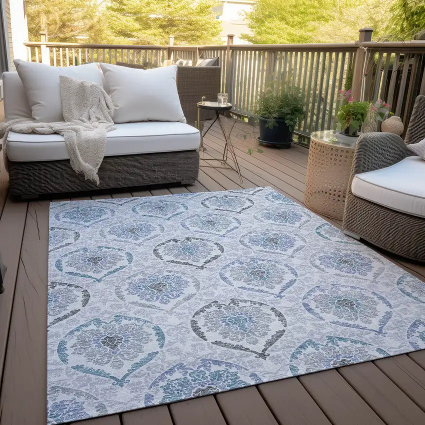 Gray And Denim Blue Medallion Washable Indoor Outdoor Area Rug Photo 7