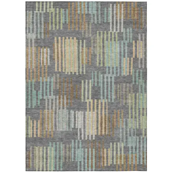 Gray And Fern Green Striped Washable Indoor Outdoor Area Rug Photo 1