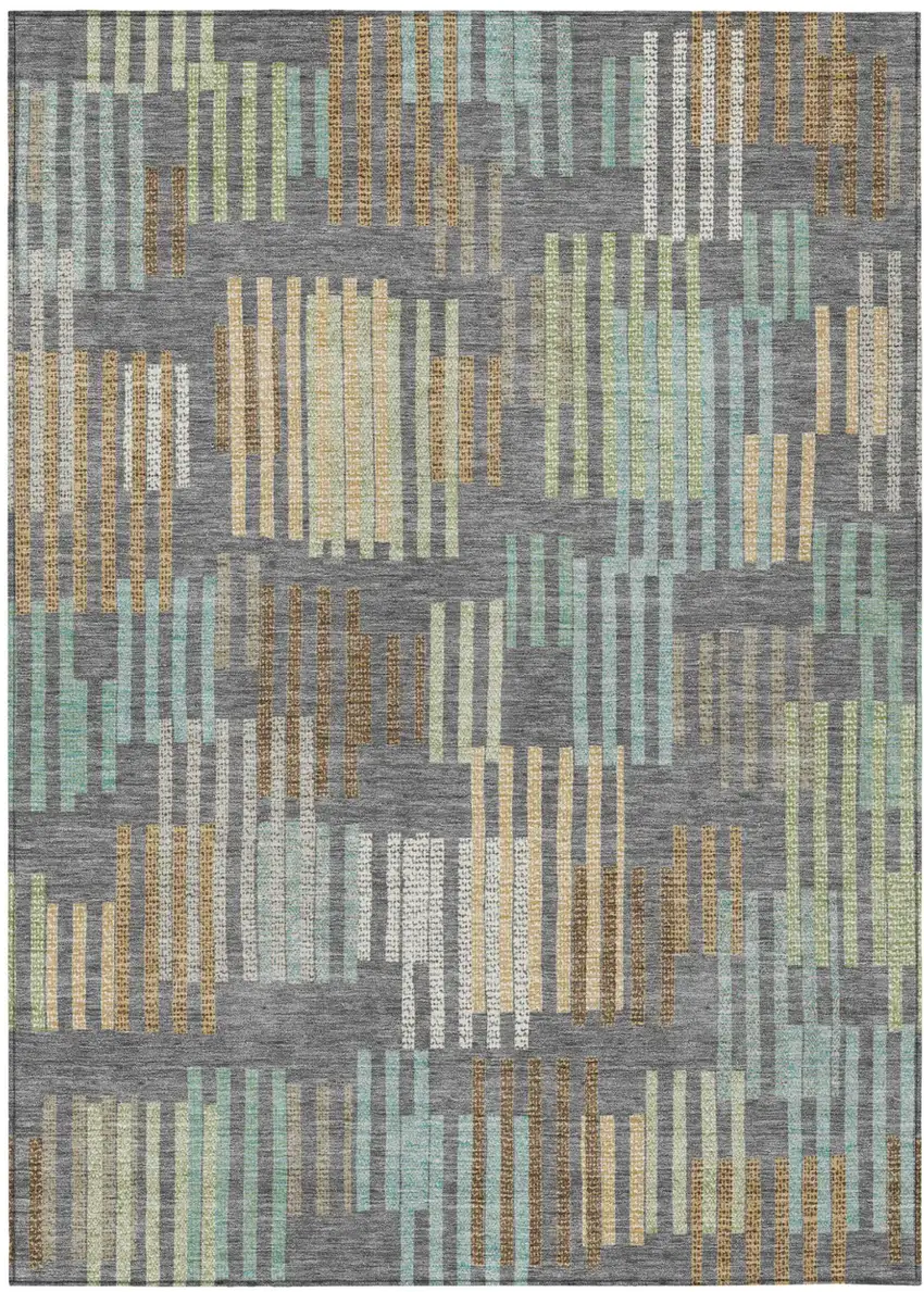 Gray And Fern Green Striped Washable Indoor Outdoor Area Rug Photo 1